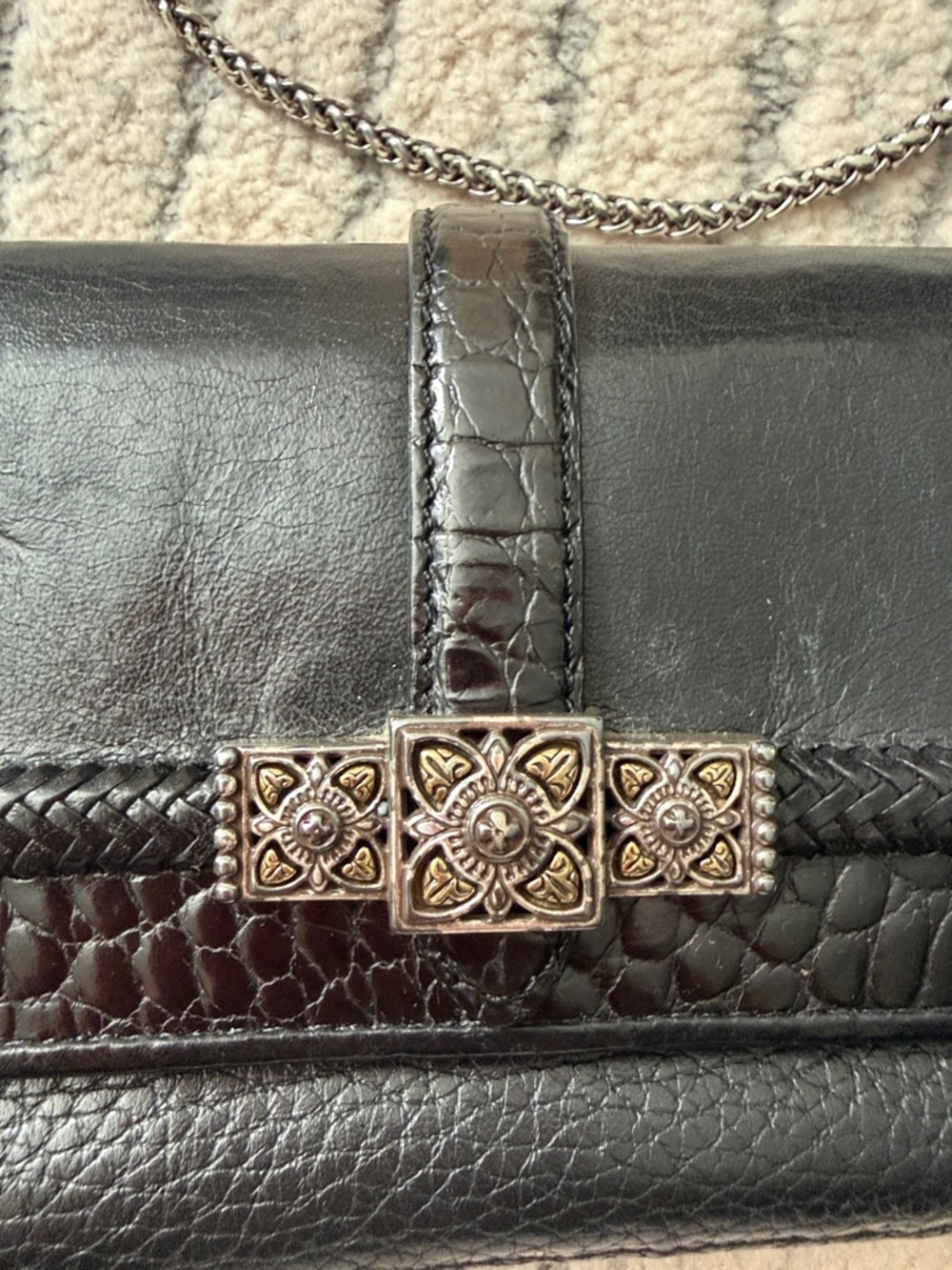 Brighton Black Leather Chain Clutch with Decorative Silver Accent - Picture 14 of 16